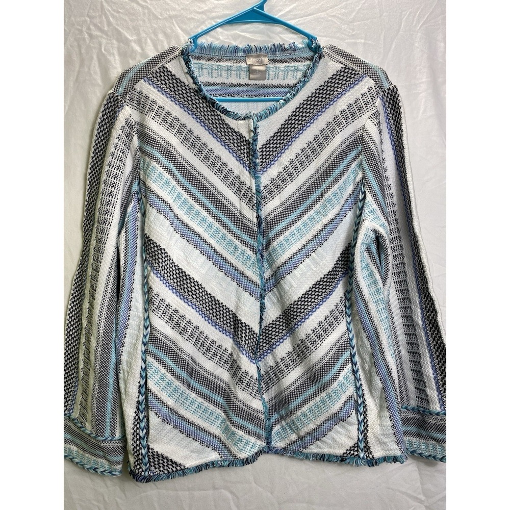 Chico's Blue White Gray Chevron Stripe Fringe Jacket Cardigan‎ Size 2 Large